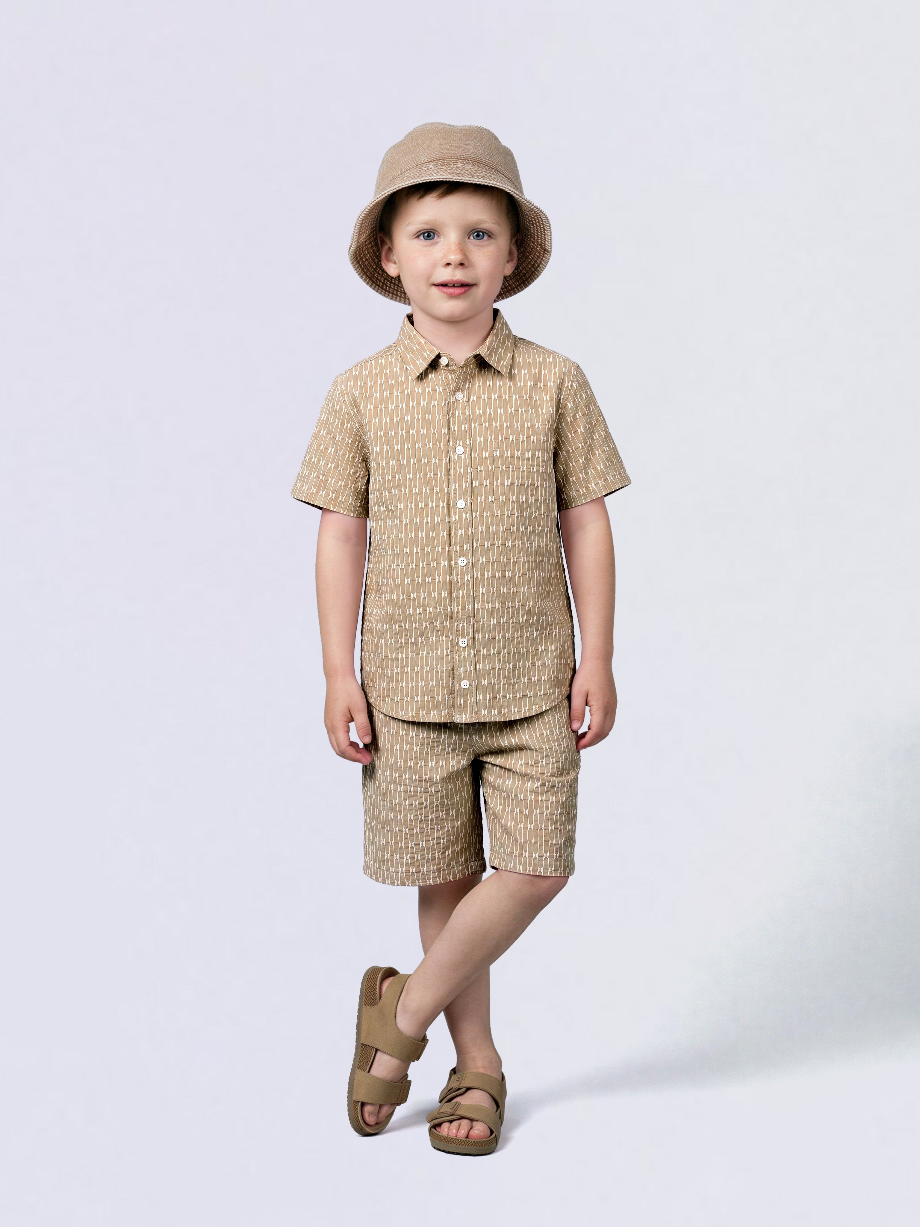 Boys Beige Dobby Short Sleeves Shirt