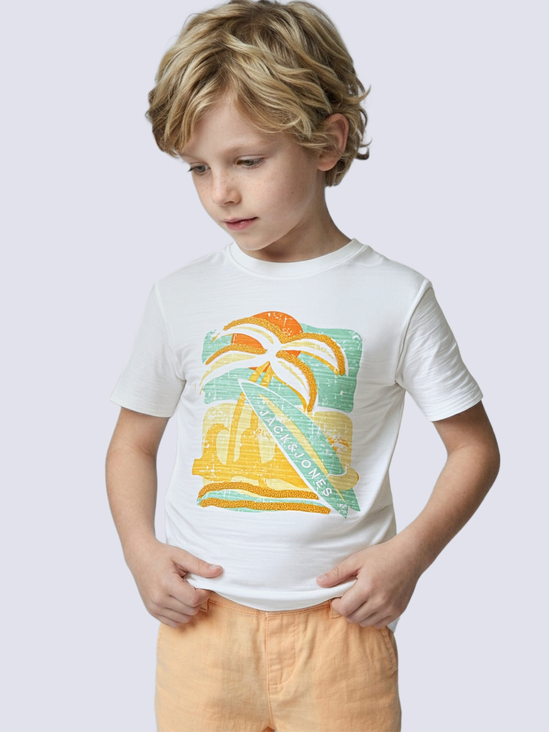 Boys White Printed Cotton T-shirt