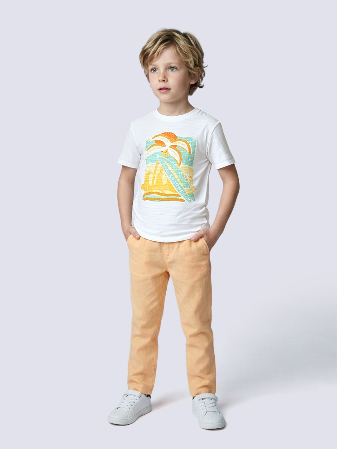 Boys White Printed Cotton T-shirt