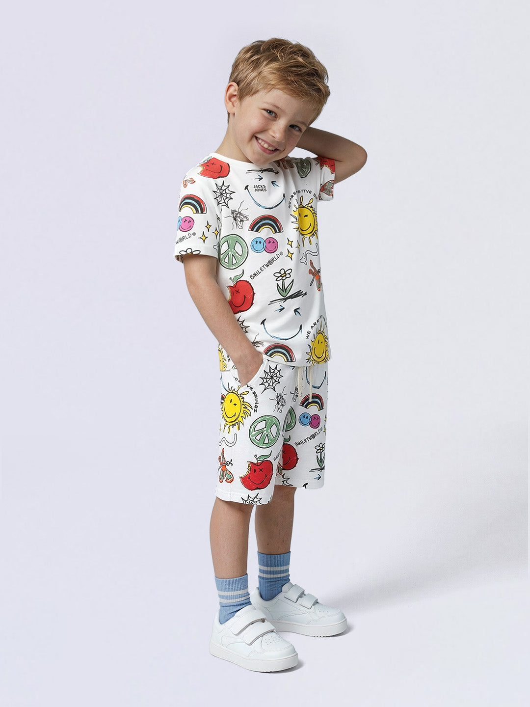 Boys White Smiley Print T-shirt