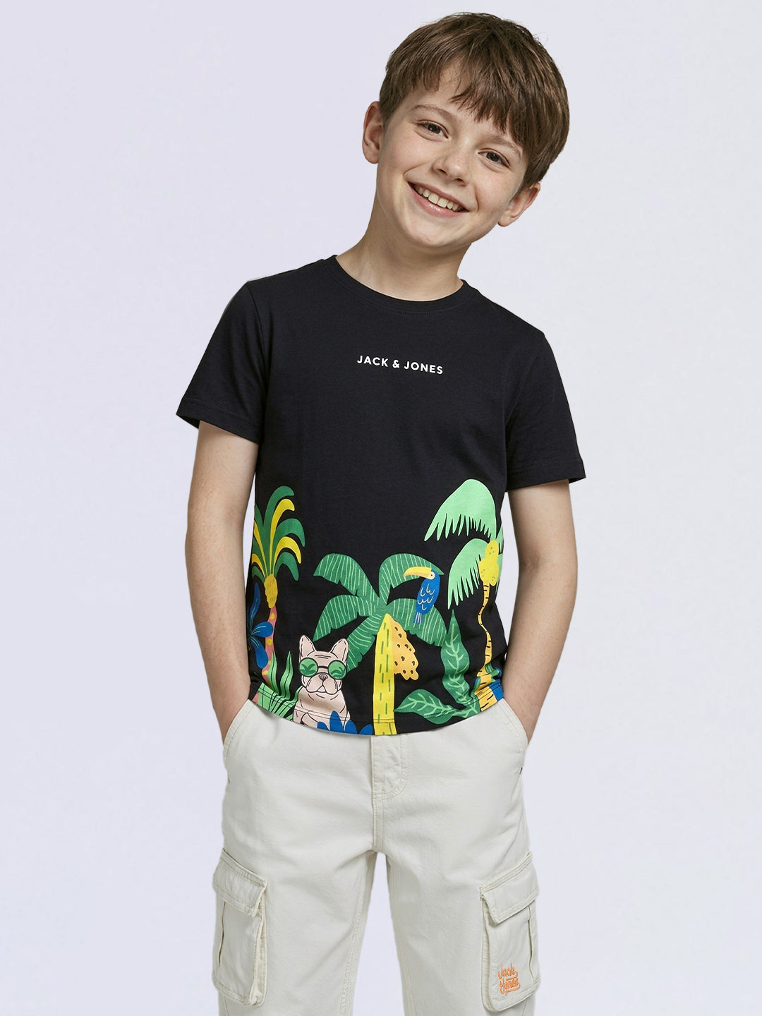 Boys Black Tropical Print T-shirt