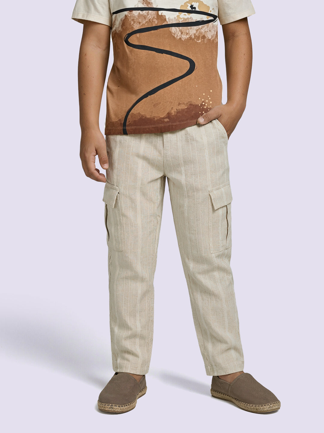 Boys Beige Striped Cargo Pants