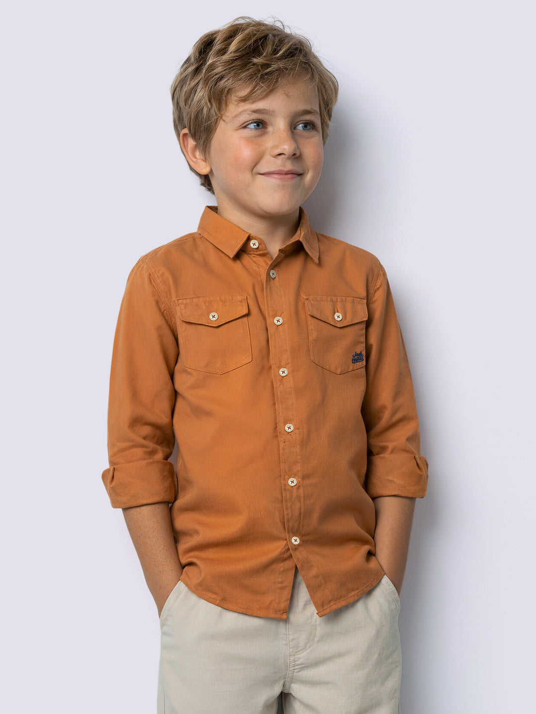 Boys Linen Blend Regular Fit Shirt - Orange