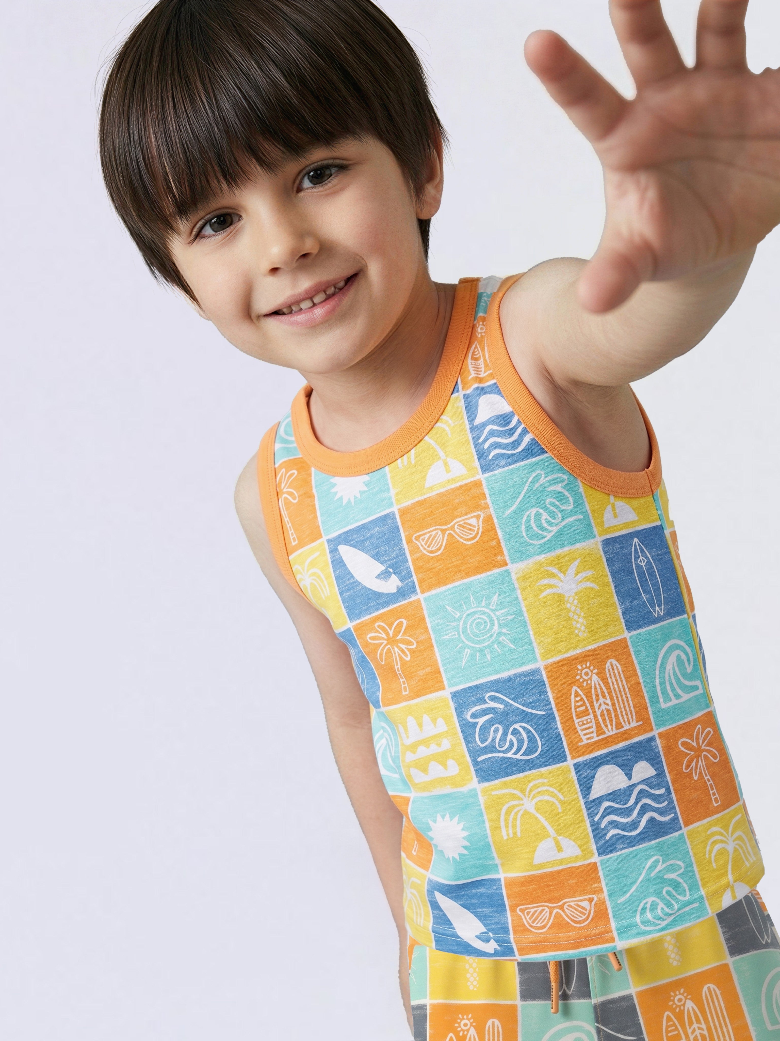 Boys Orange Printed Sleeveless T-shirt