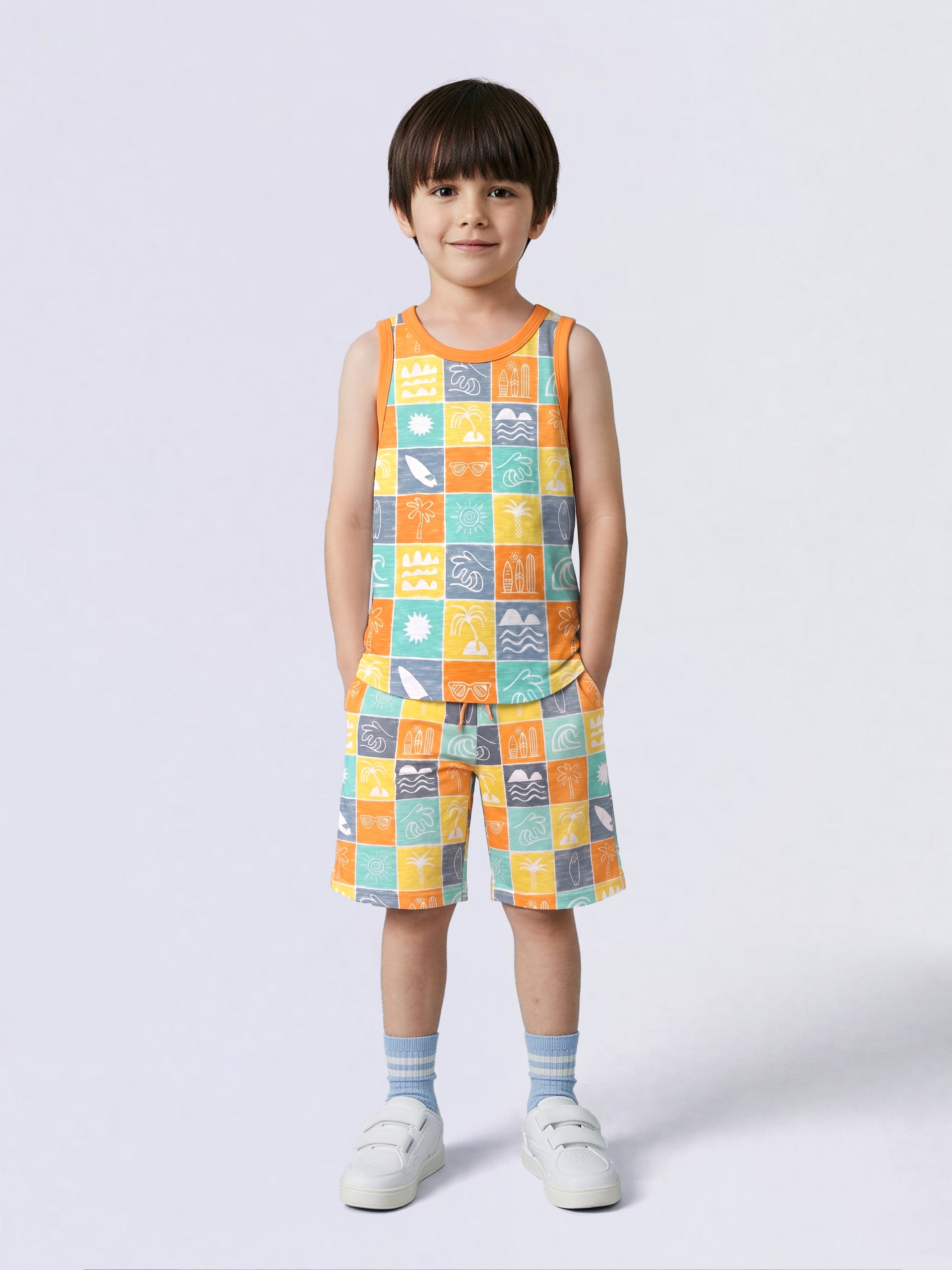 Boys Orange Printed Sleeveless T-shirt