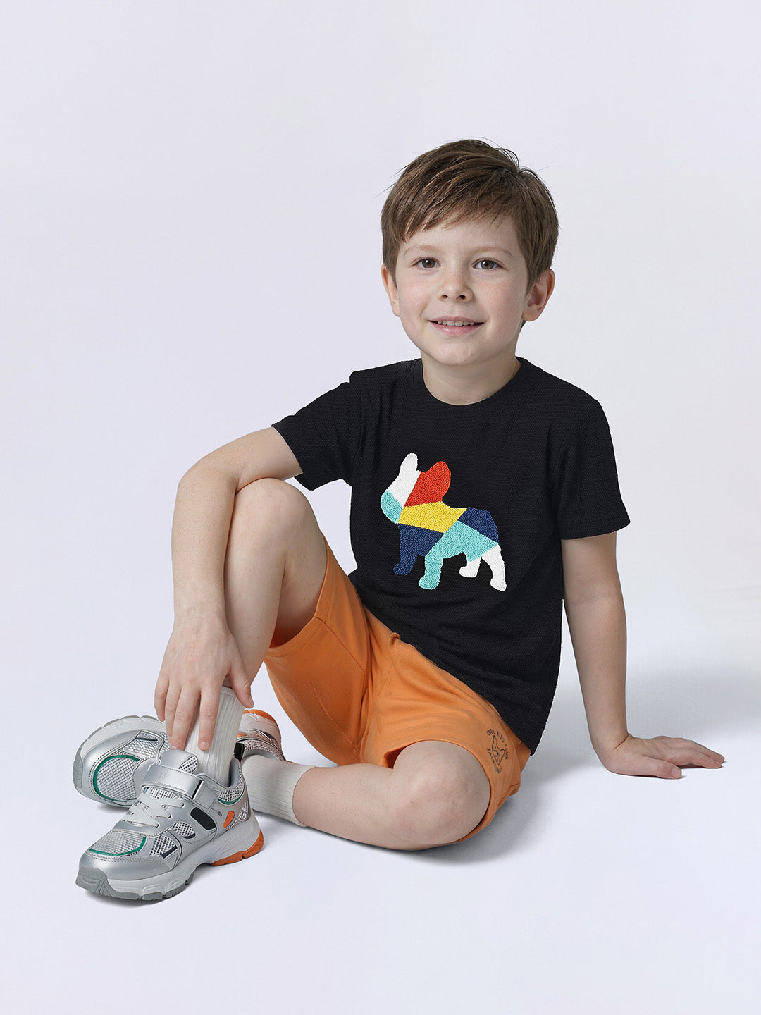 Boys Black Embroidered Doggo Print T-short