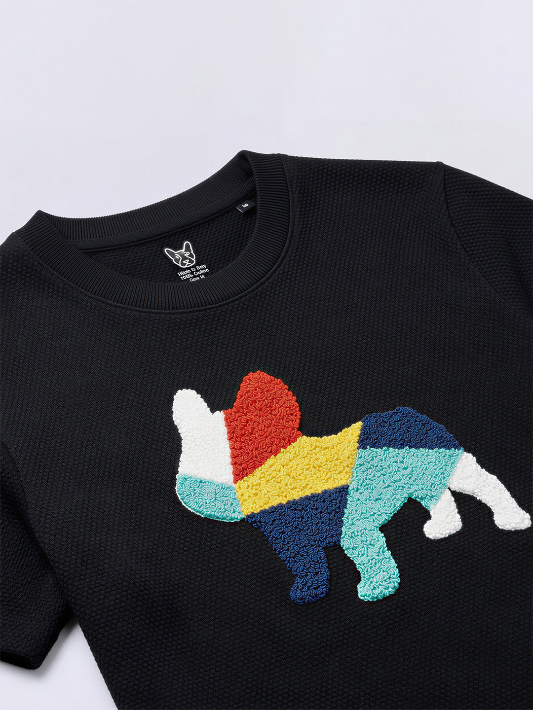 Boys Black Embroidered Doggo Print T-short