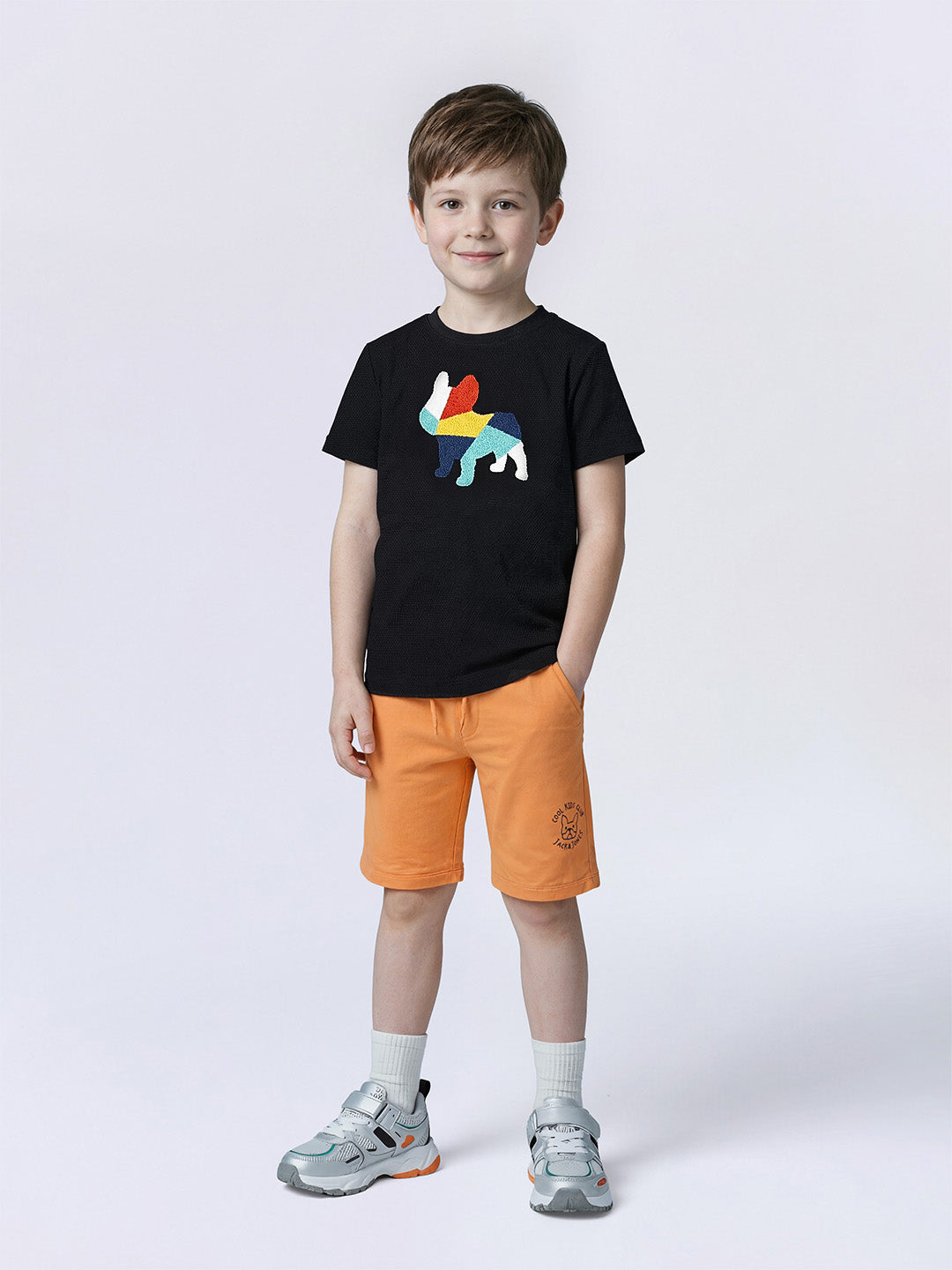 Boys Black Embroidered Doggo Print T-short