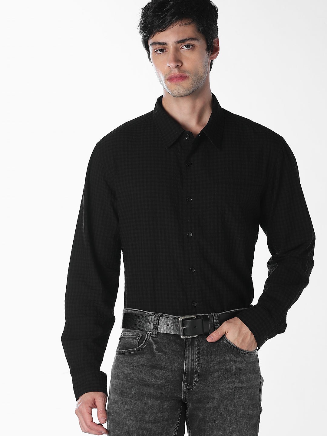 Black Micro Check Oversized Shirt