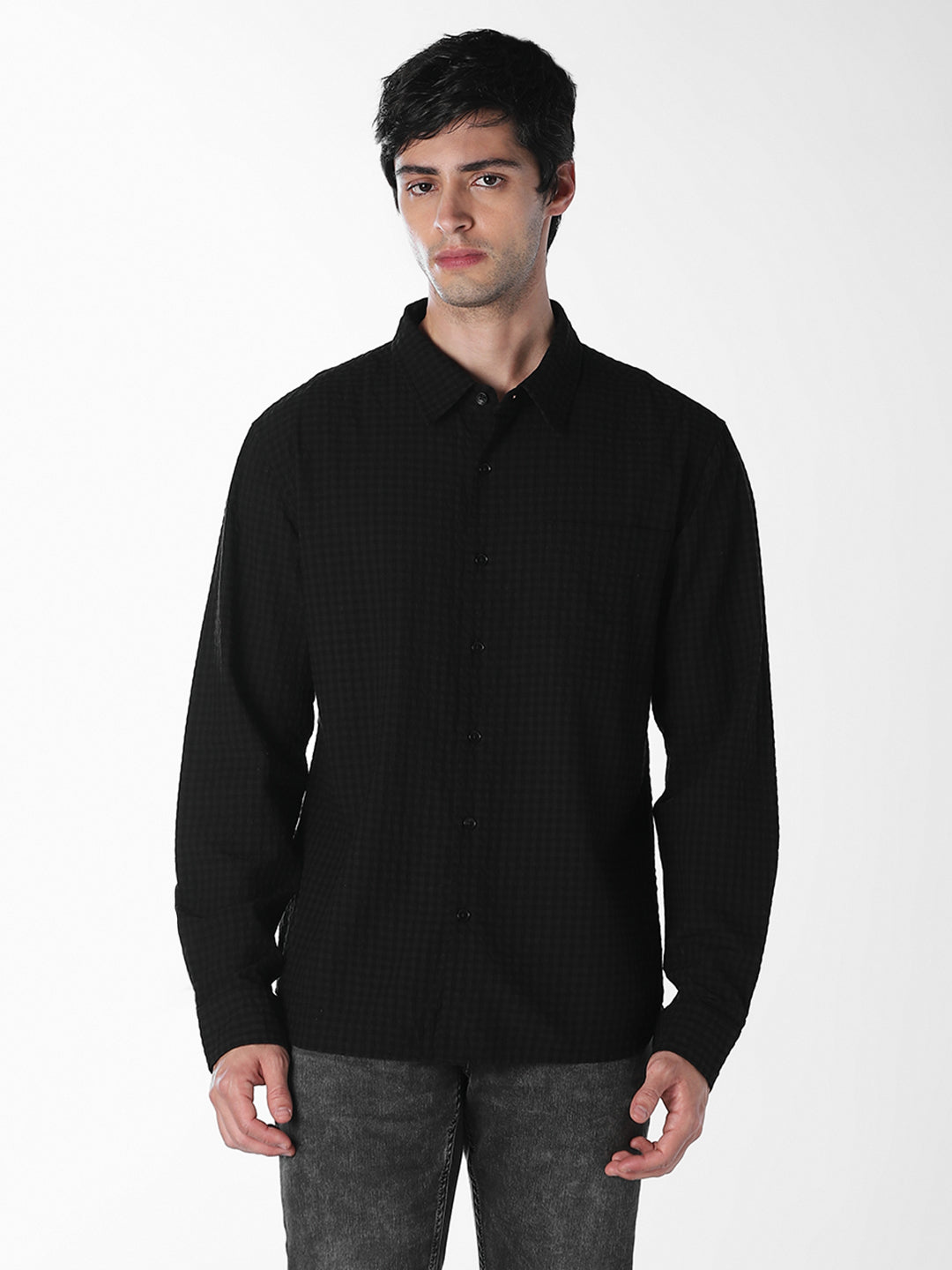 Black Micro Check Oversized Shirt