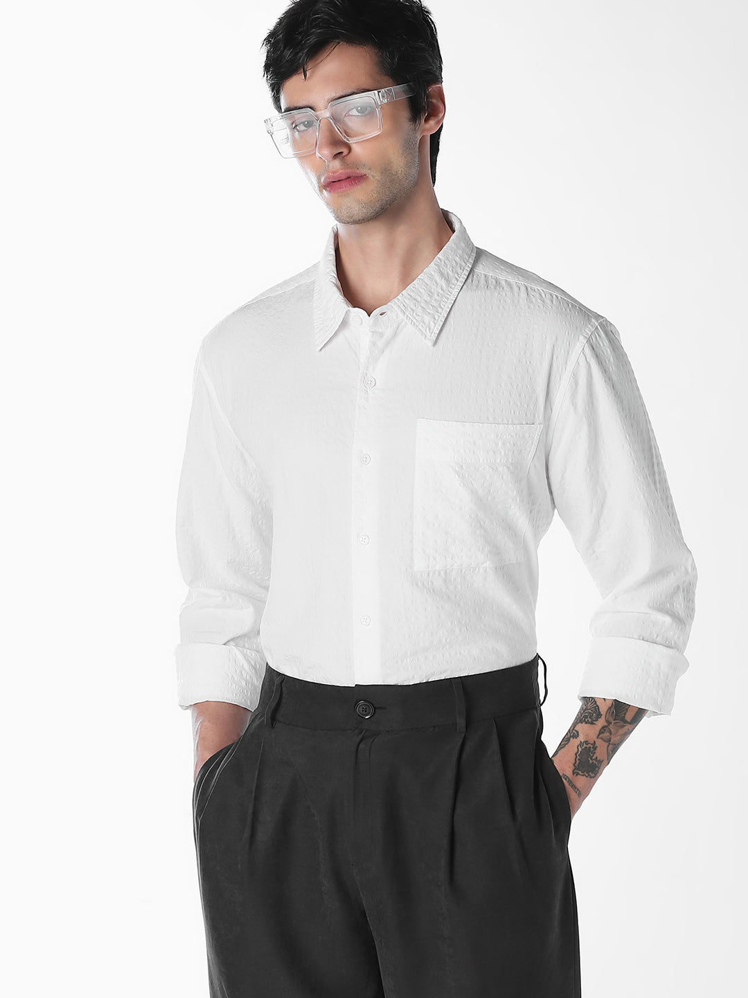 White Micro Check Oversized Shirt
