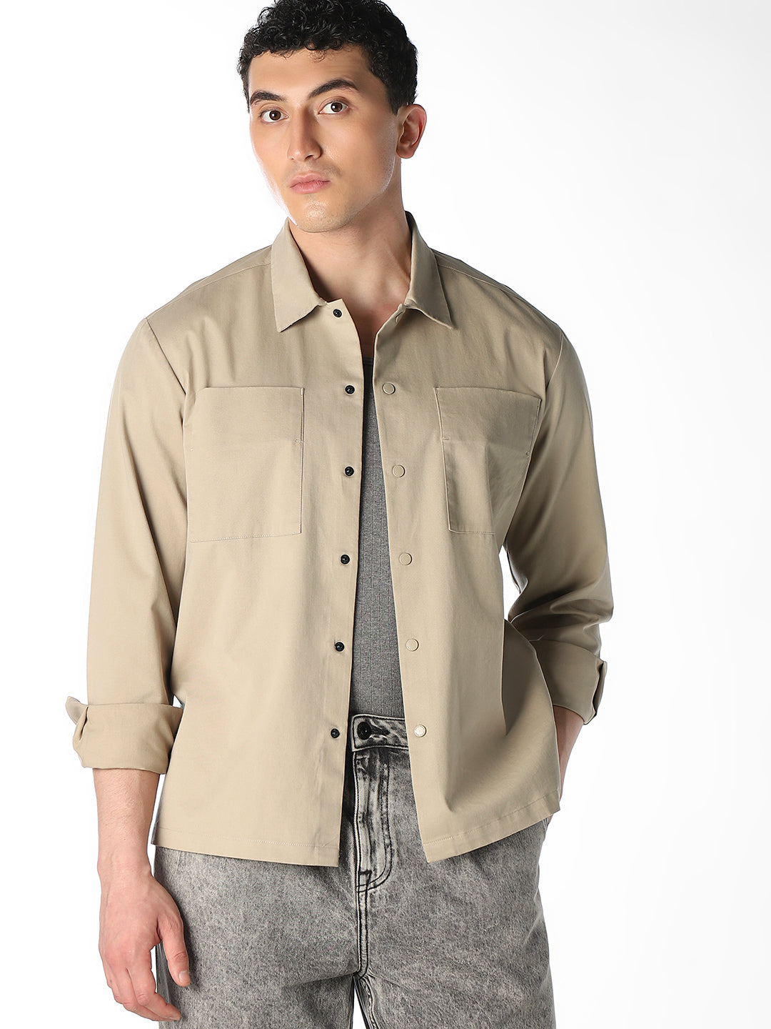 Beige Patch Pocket Oversized Shirt