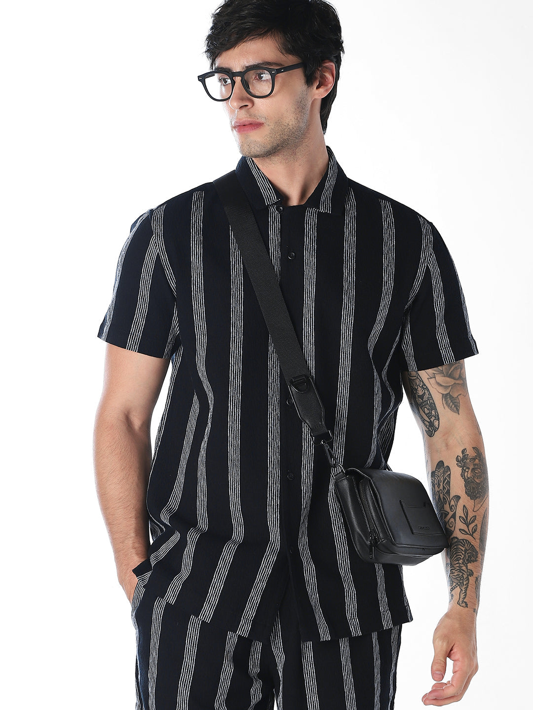 Navy Blue Striped Cotton Shirt - M