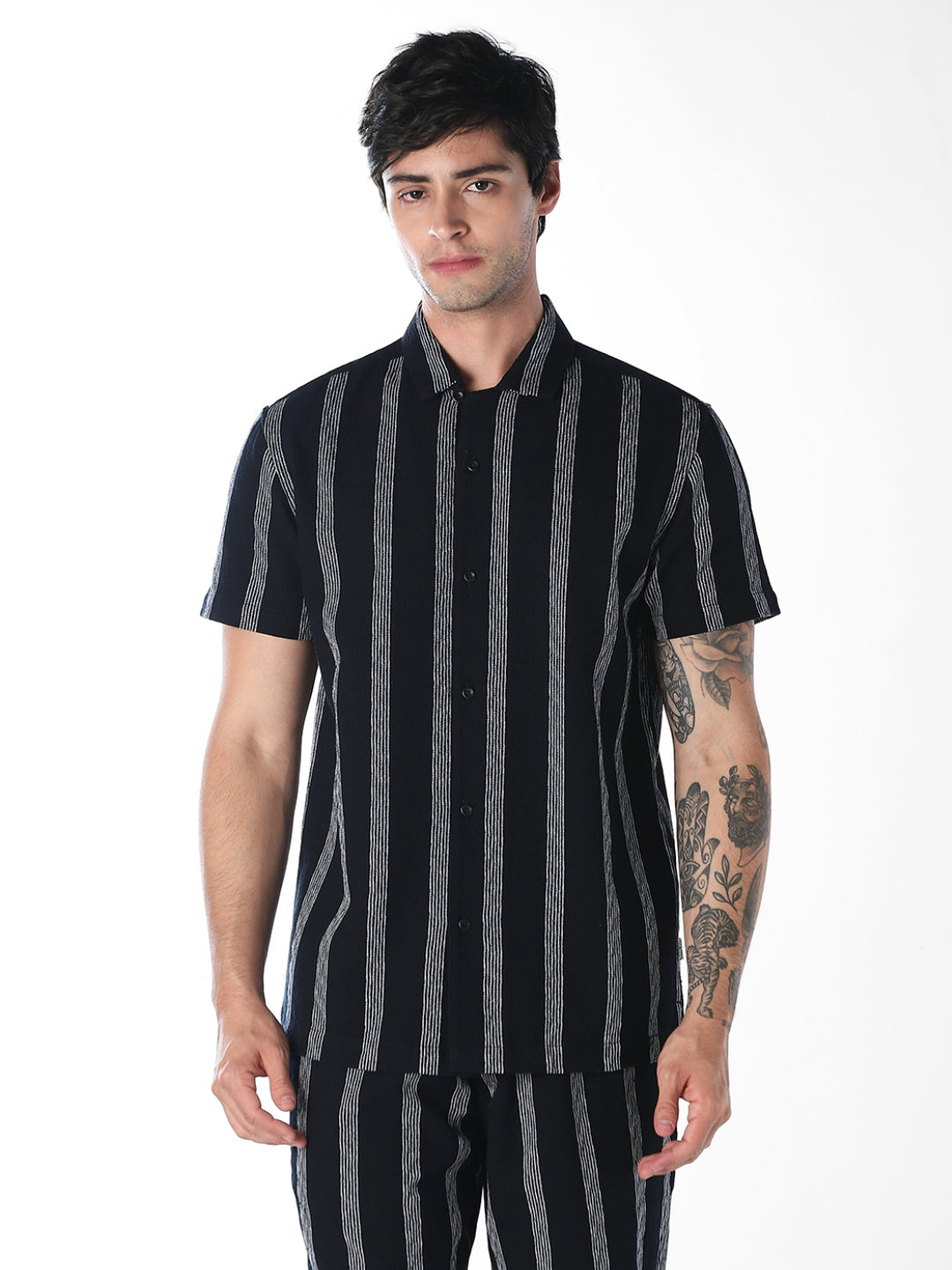 Navy Blue Striped Cotton Shirt