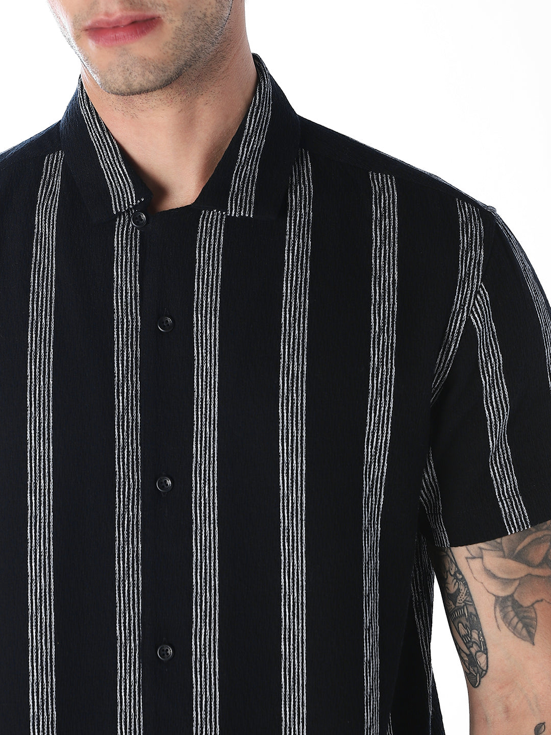 Navy Blue Striped Cotton Shirt