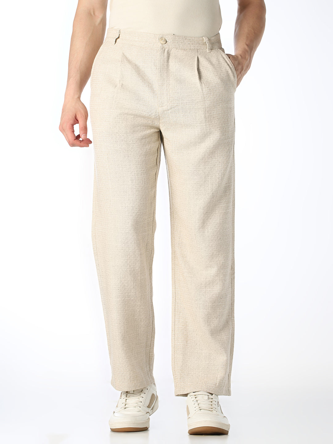 Beige Dobby Loose Fit Pants - 29/30