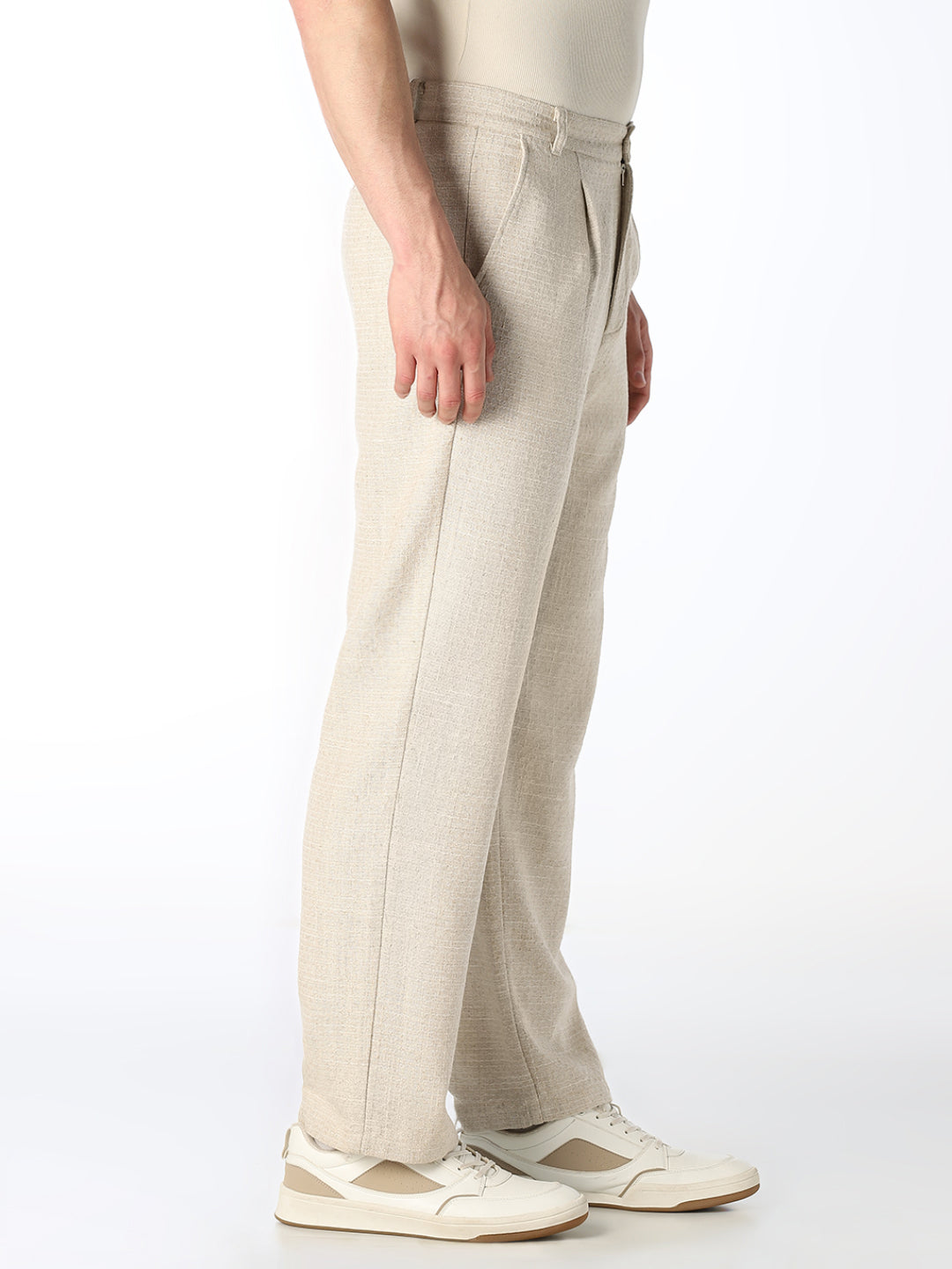 Beige Dobby Loose Fit Pants