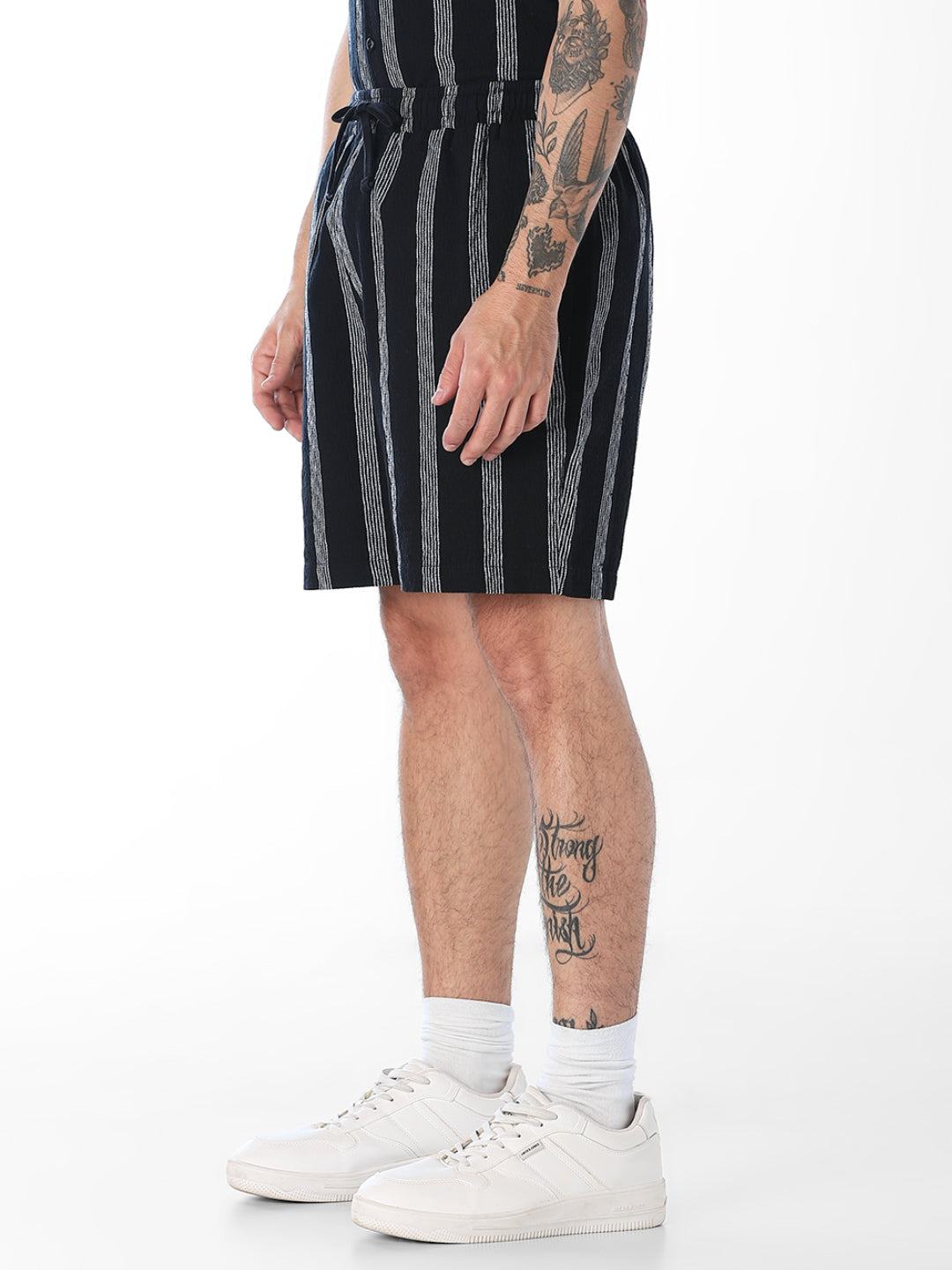 Navy Blue Striped Cotton Shorts