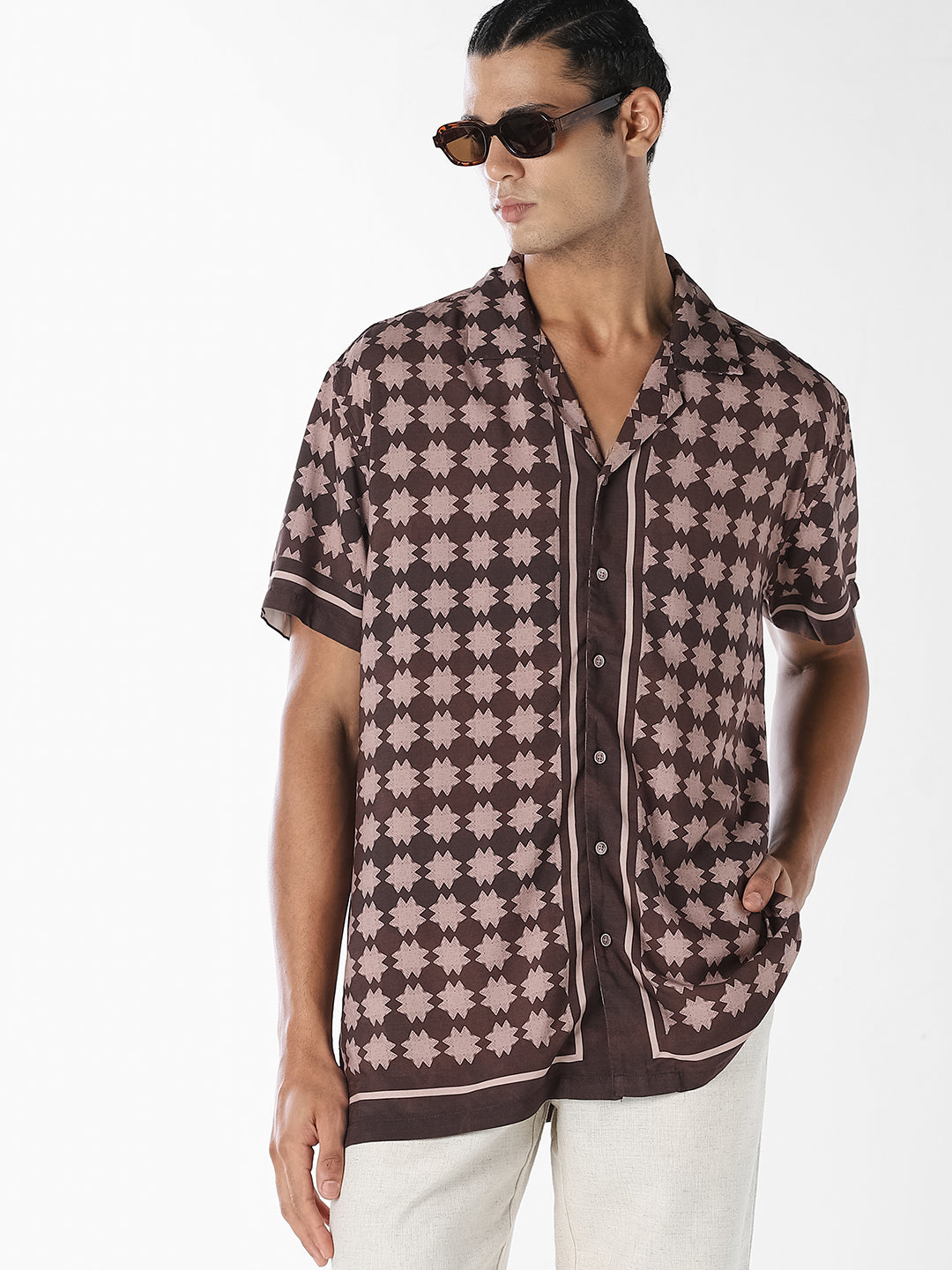 Brown Printed Comfort Fit Shirt - L