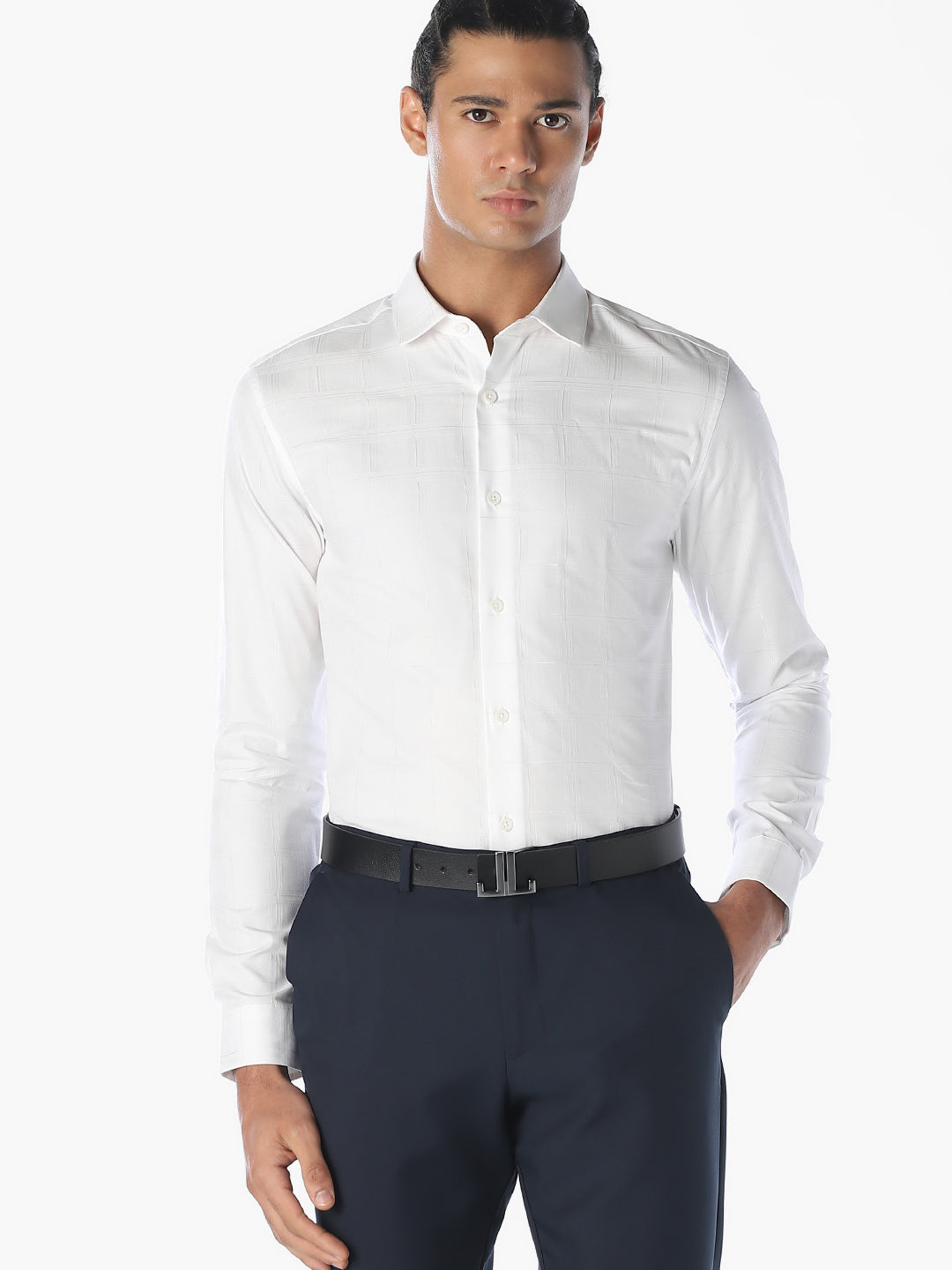 White Jacquard Check Shirt