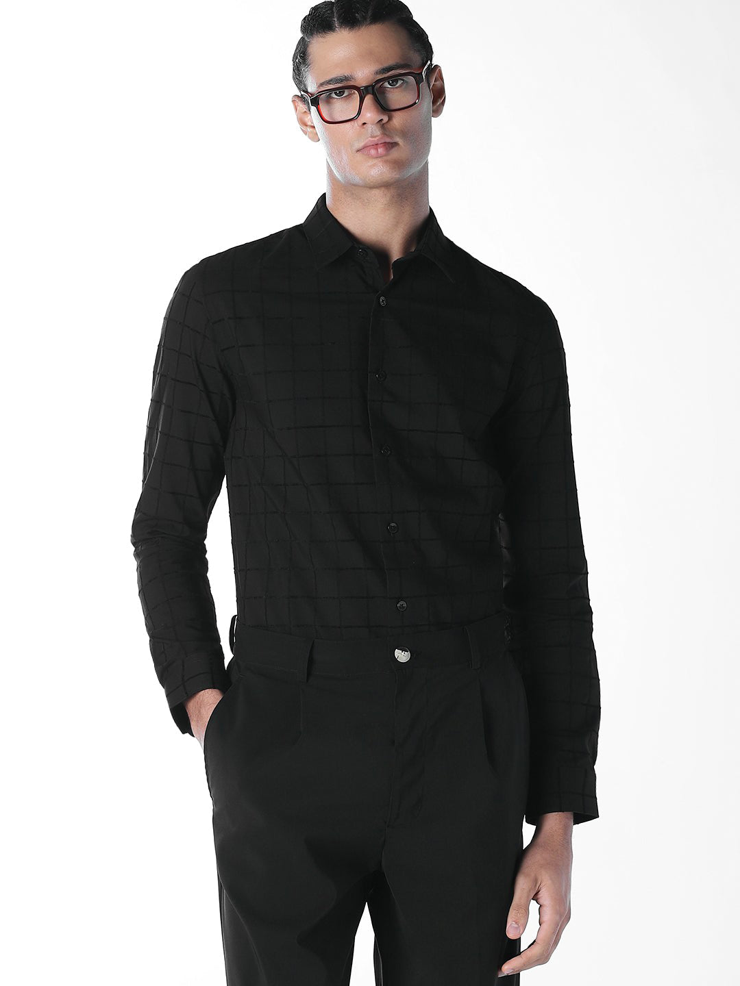 Black Jacquard Check Shirt