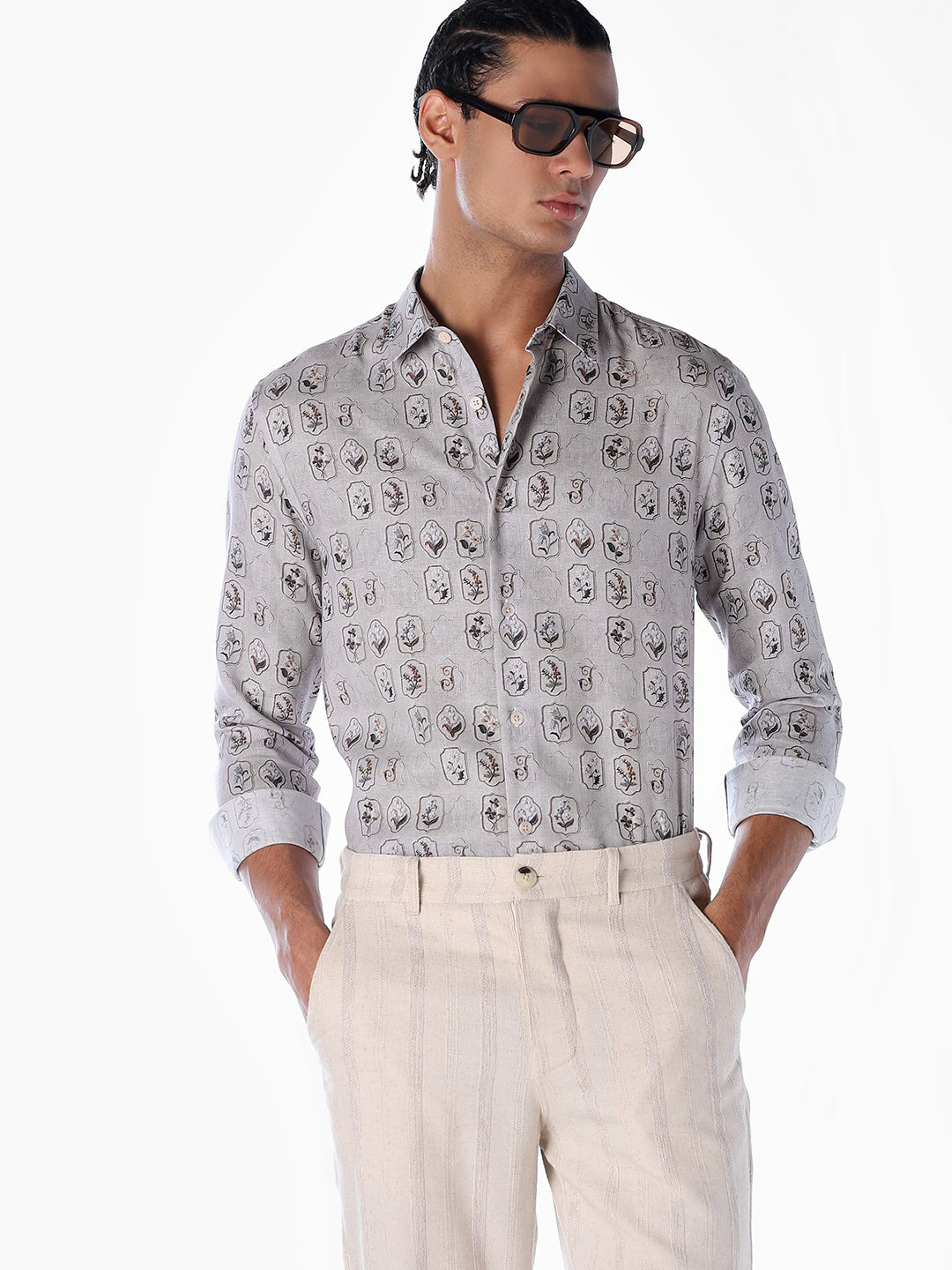 Linen Blend Printed Shirt - S