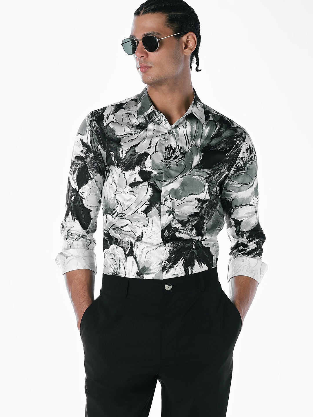 Blue Printed Slim Fit Shirt - S