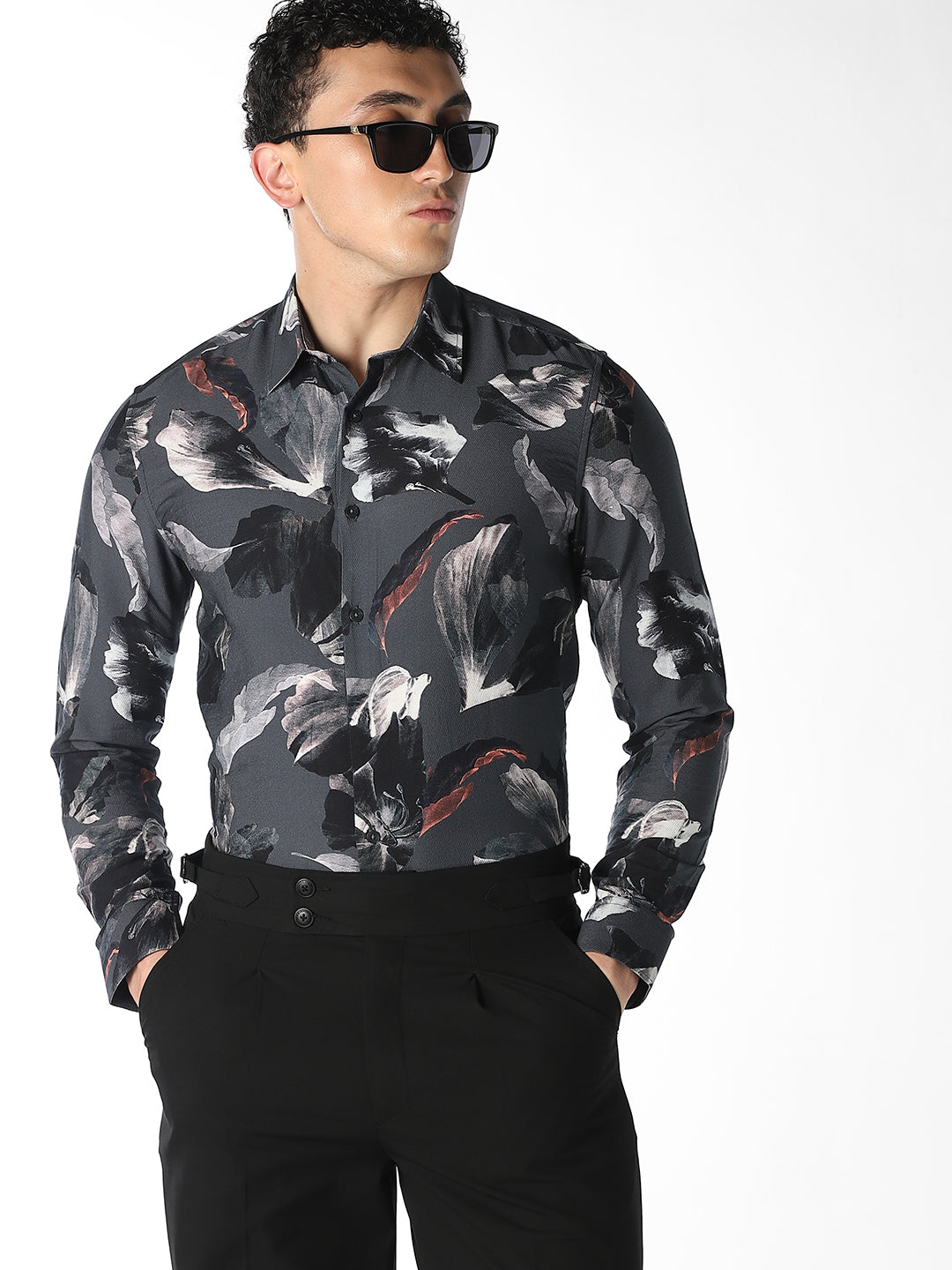 Dark Grey Printed Slim Fit Shirt - S