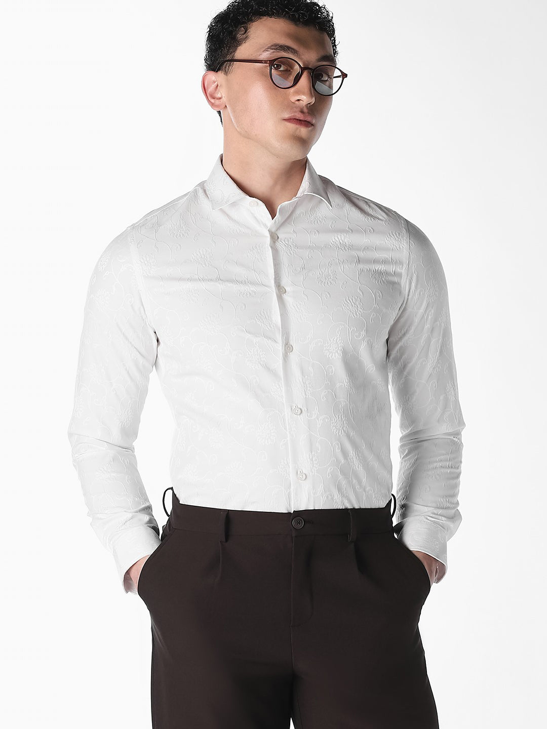 Bright White Jacquard Slim Fit Shirt - S