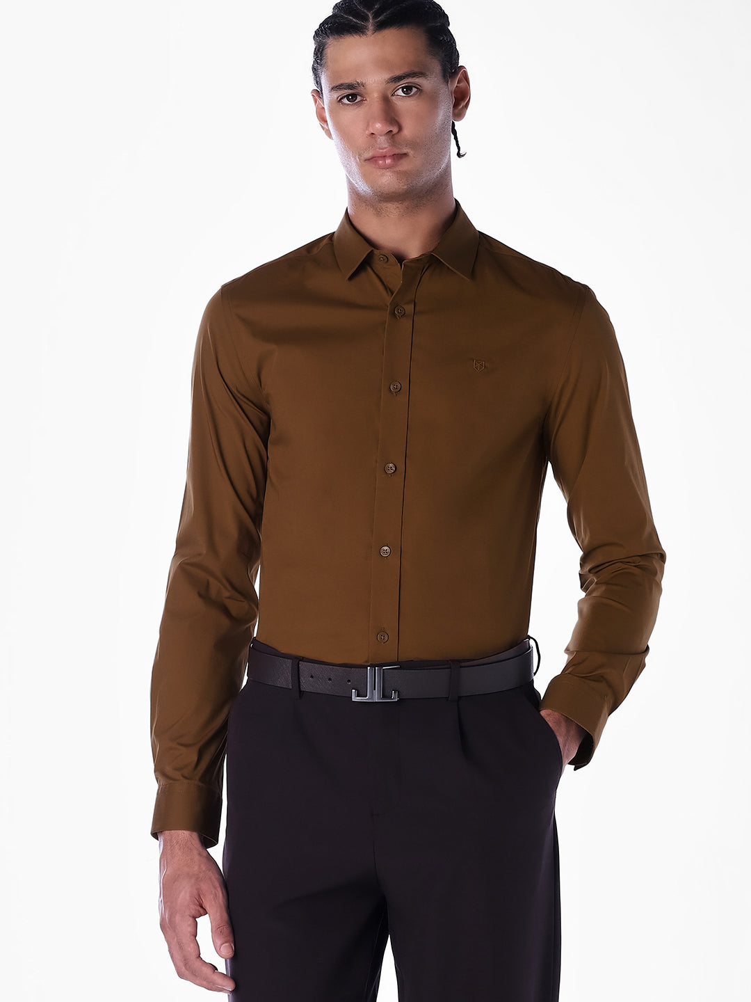 Cotton-Stretch Slim Fit Shirt - Brown