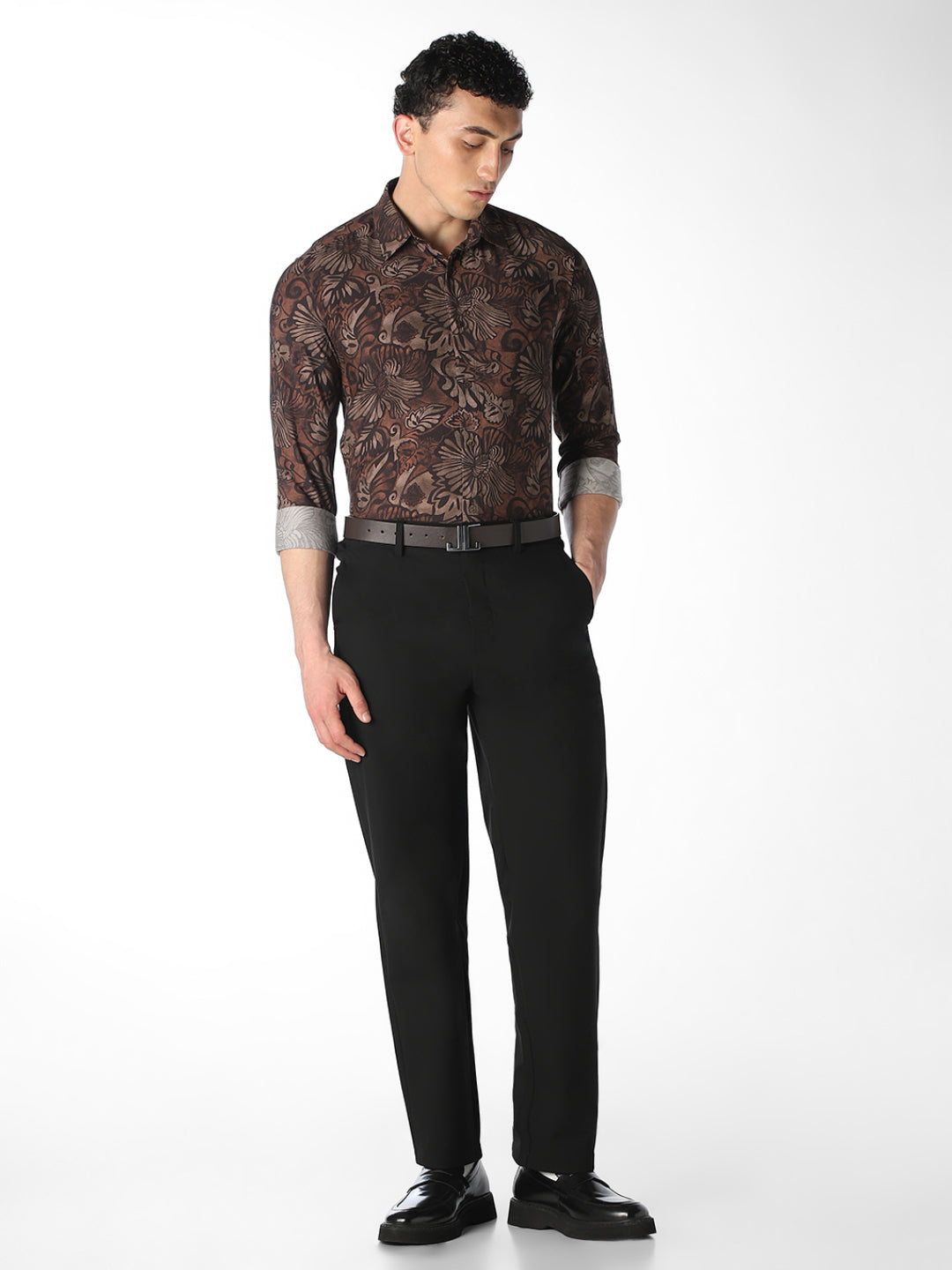 Brown Printed Slim Fit Shirt