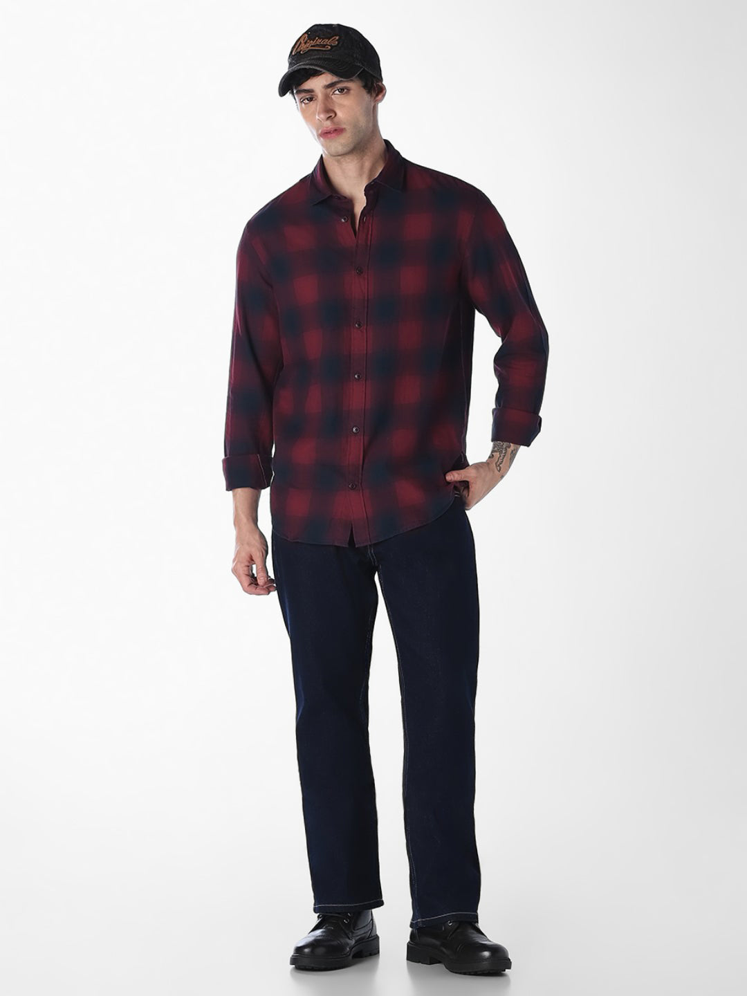 Men Burgundy Cotton Twill Checked Slim Fit Casual Shirt