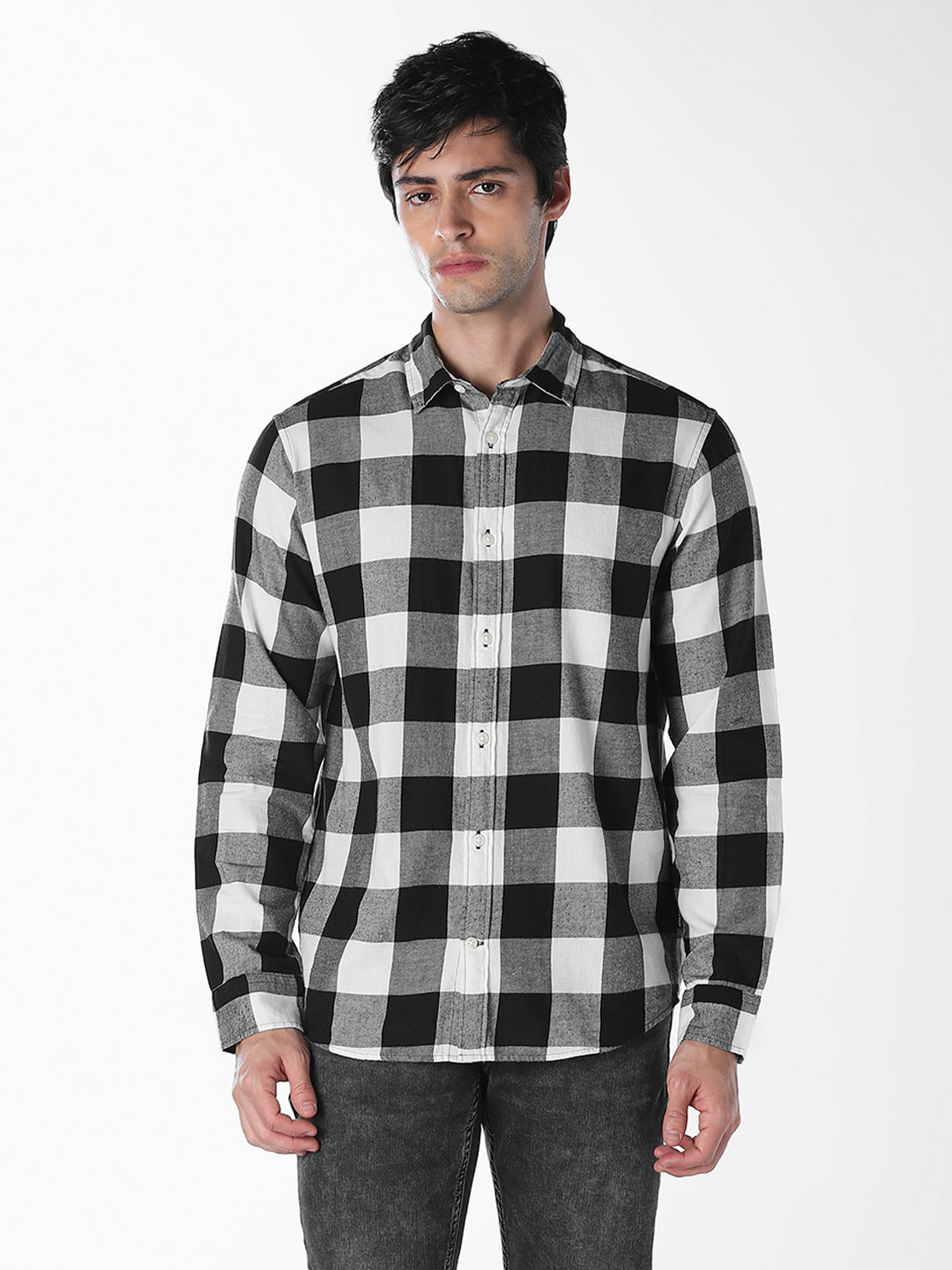 Men's Slim Fit Cotton Twill Checked Shirt In White