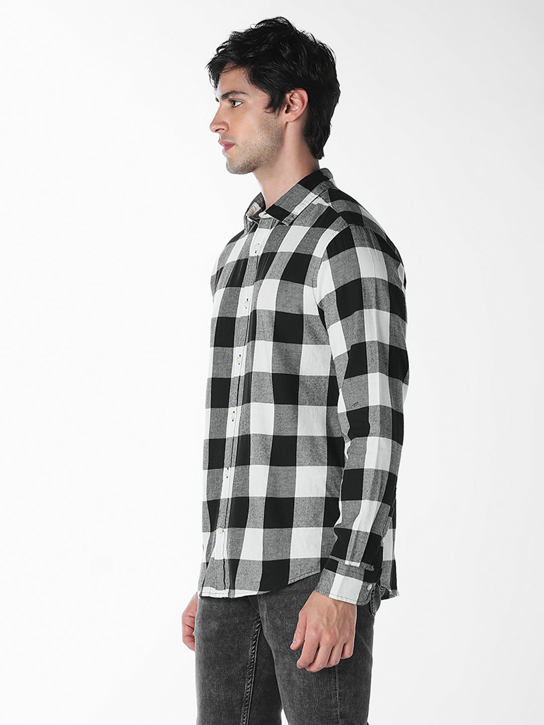 Men's Slim Fit Cotton Twill Checked Shirt In White