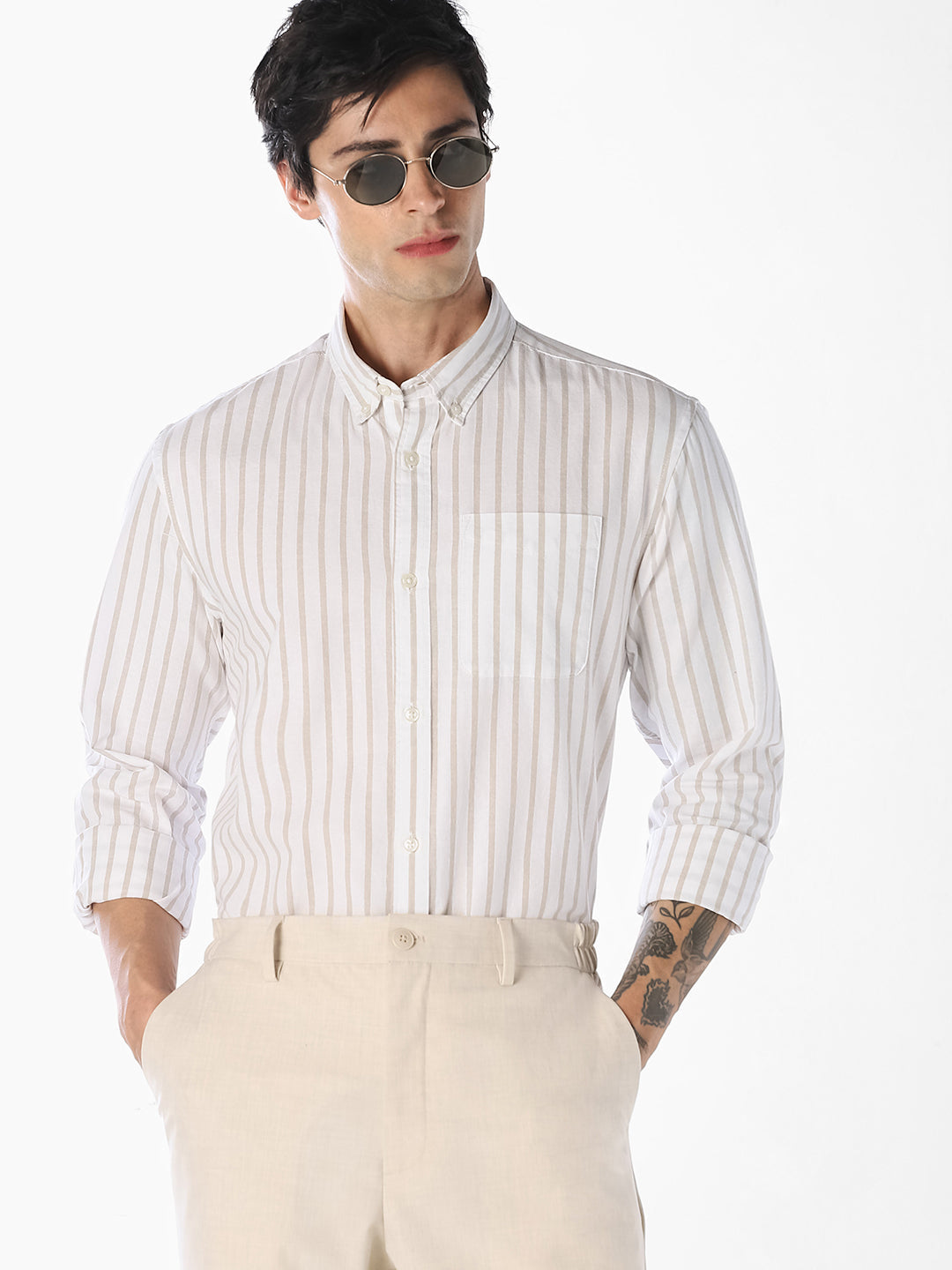 Beige Oxford Weave Striped Shirt