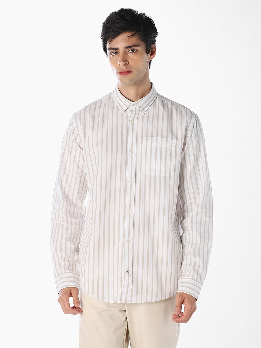 Beige Oxford Weave Striped Shirt