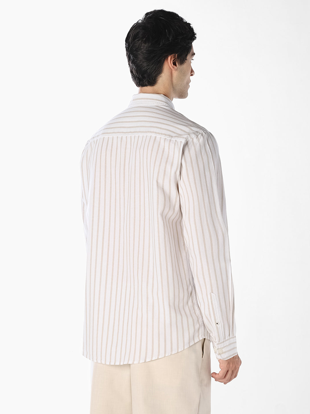 Beige Oxford Weave Striped Shirt
