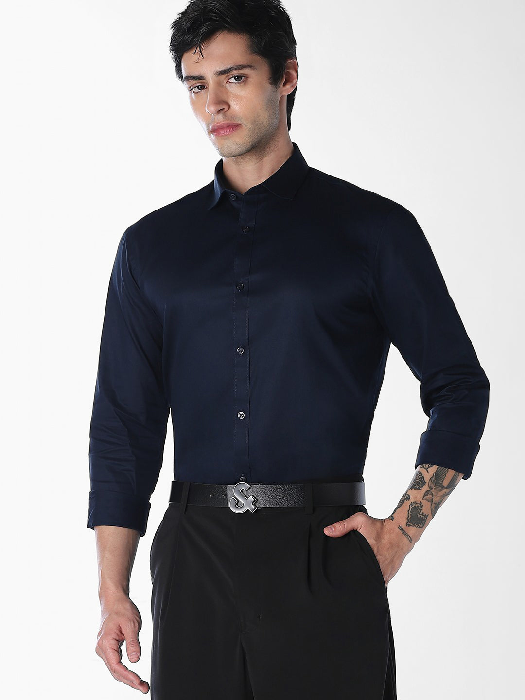 Men's Navy Blue Cotton Slim Fit Solid Formal Shirt