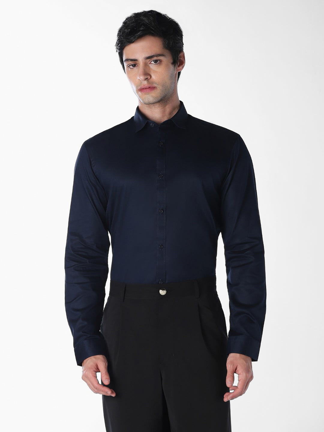 Men's Navy Blue Cotton Slim Fit Solid Formal Shirt