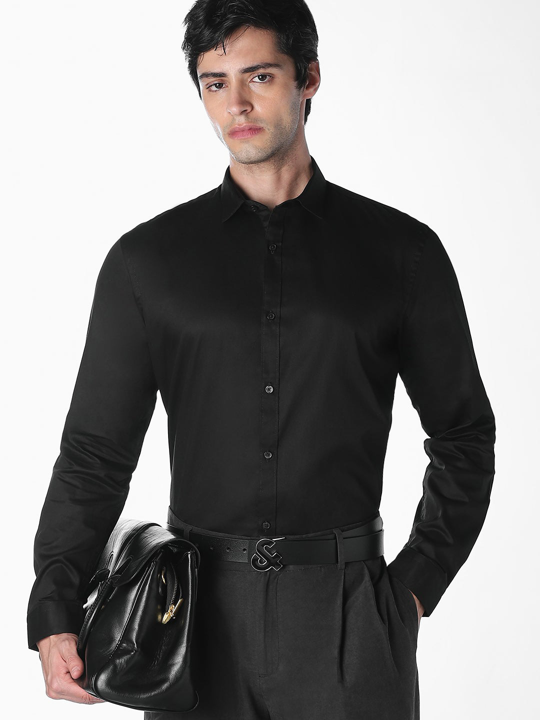 Men's Black Solid Slim Fit Cotton Poplin Formal Shirt - S