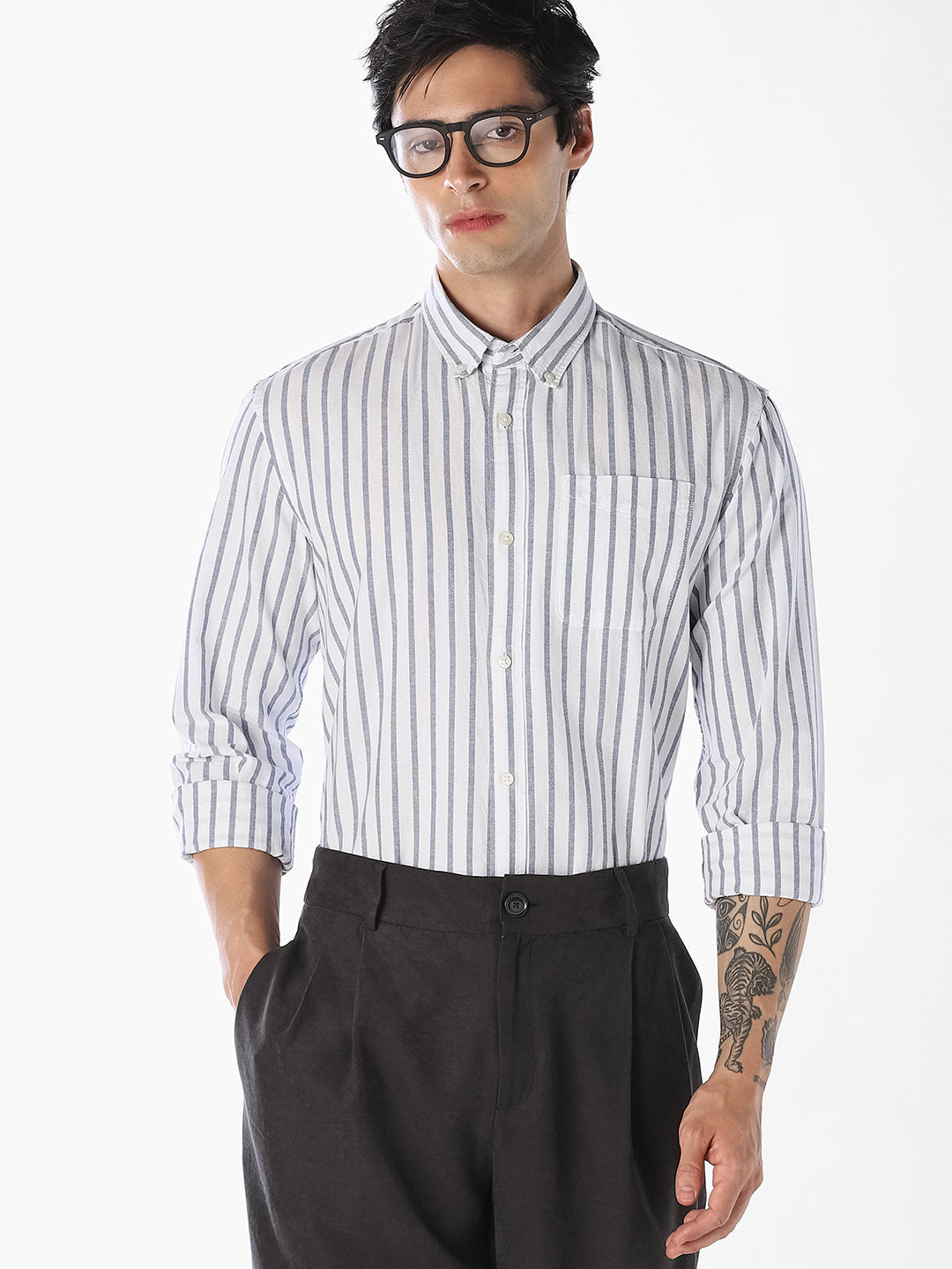 Blue Oxford Weave Striped Shirt