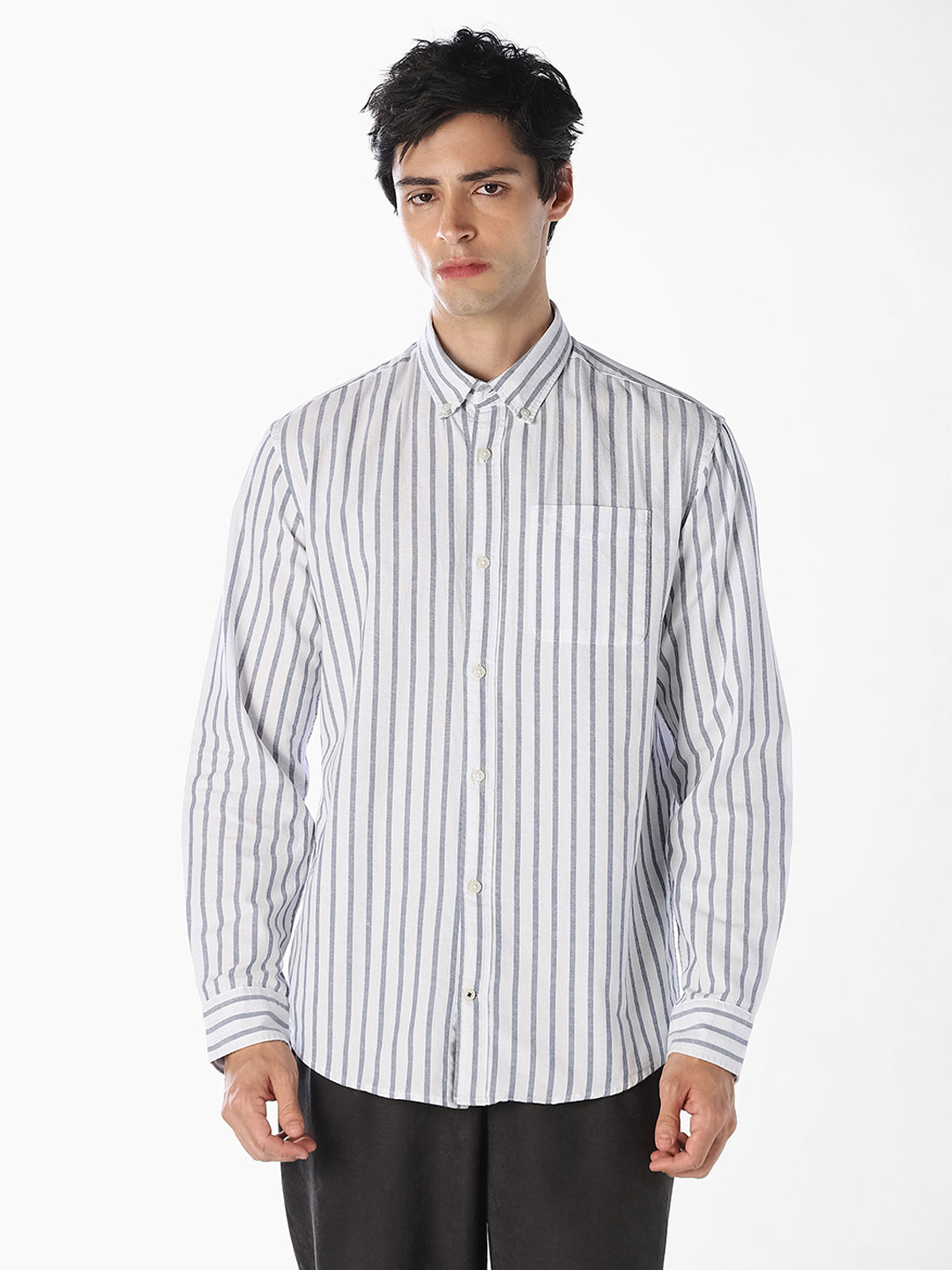 Blue Oxford Weave Striped Shirt