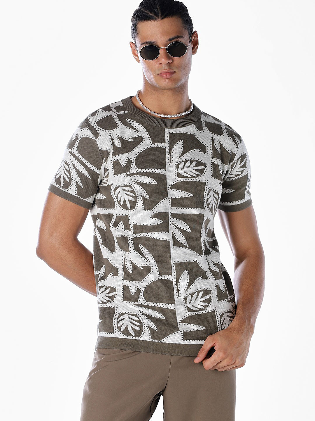 Jacquard Printed Cotton Pullover - Green - L
