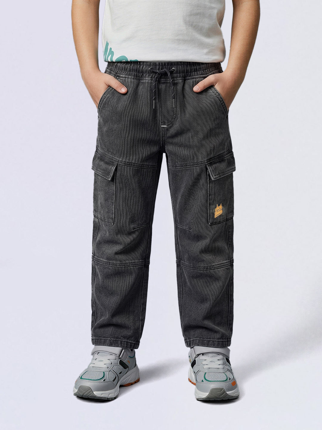 Boys Grey Drawstring Cargo Jeans