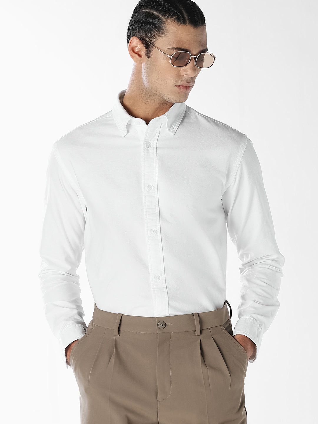 White Oxford Weave Cotton Shirt - S