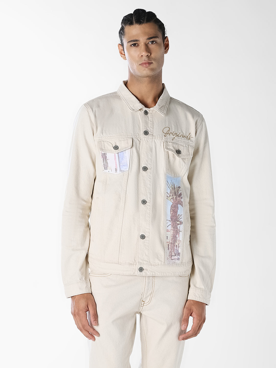 Beige Printed Denim Jacket