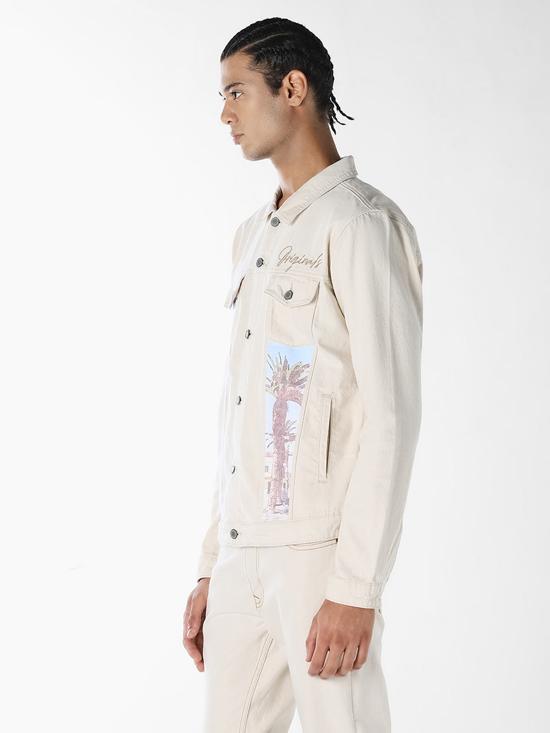 Beige Printed Denim Jacket