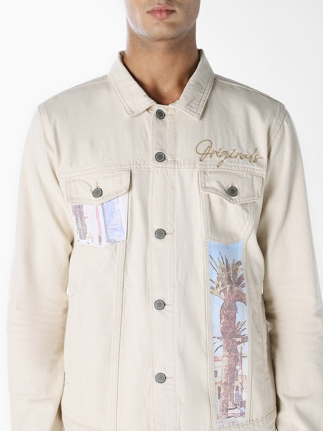 Beige Printed Denim Jacket