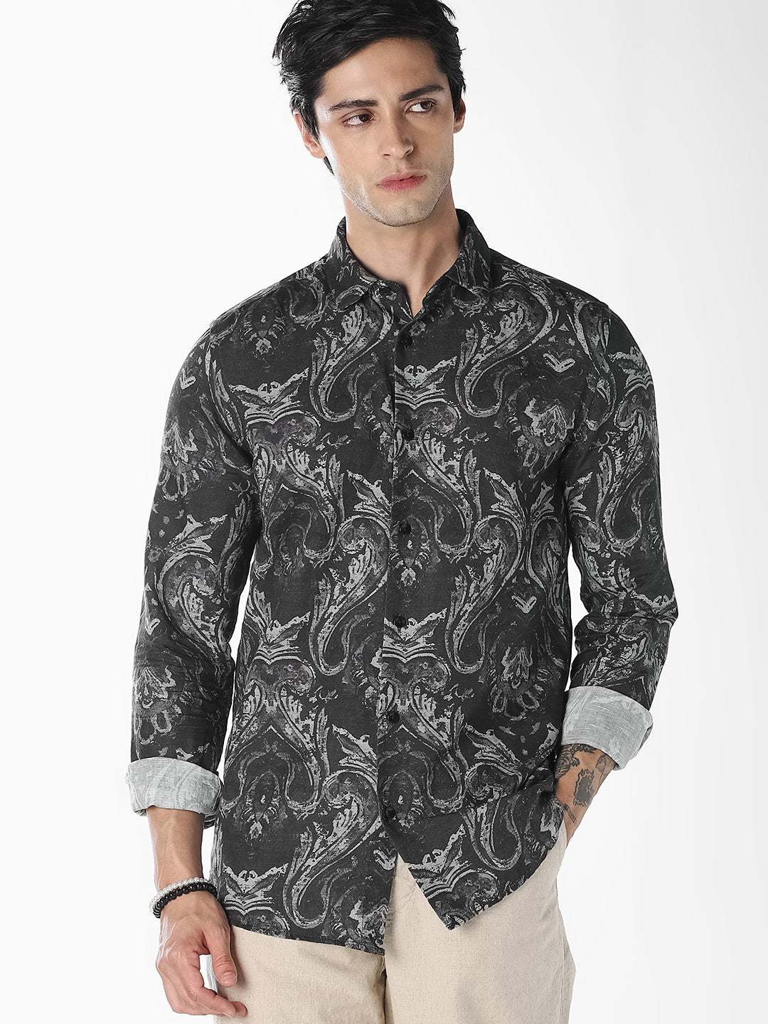 Black Printed Regular Fit Shirt - S
