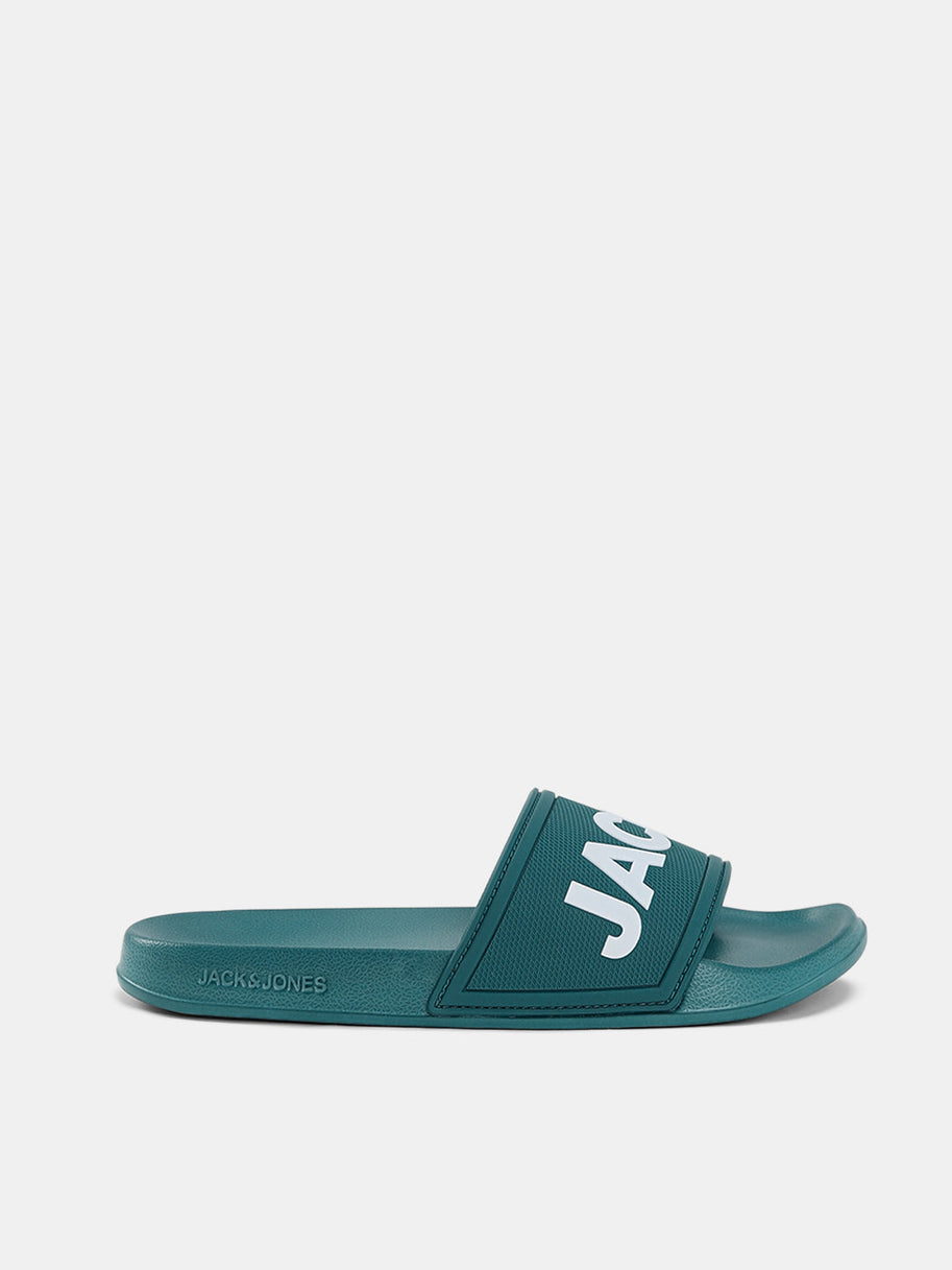 Green Logo Print Pool Sliders